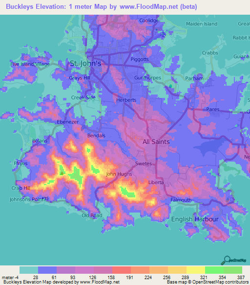 Buckleys,Antigua and Barbuda Elevation Map