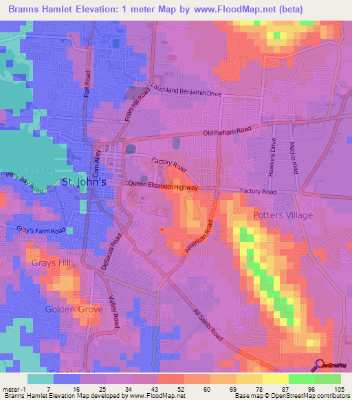 Branns Hamlet,Antigua and Barbuda Elevation Map