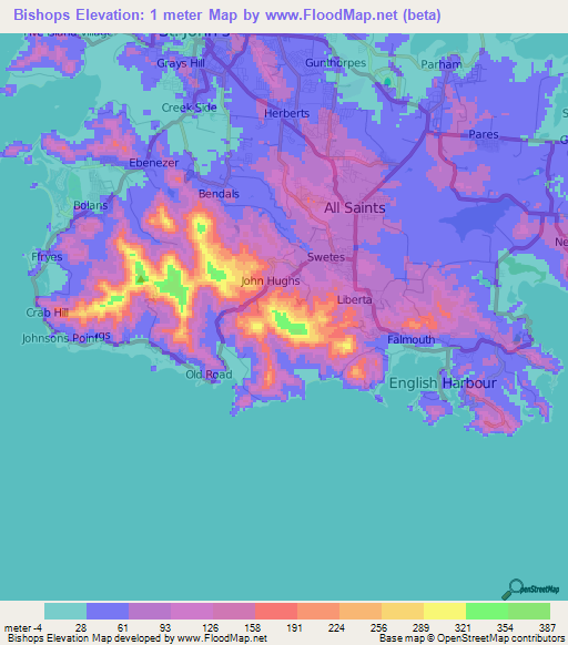 Bishops,Antigua and Barbuda Elevation Map