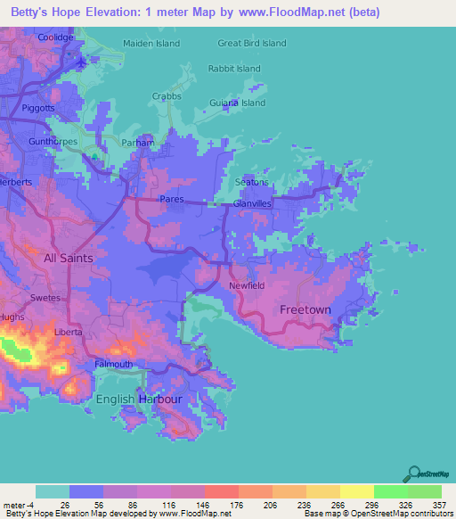 Betty's Hope,Antigua and Barbuda Elevation Map