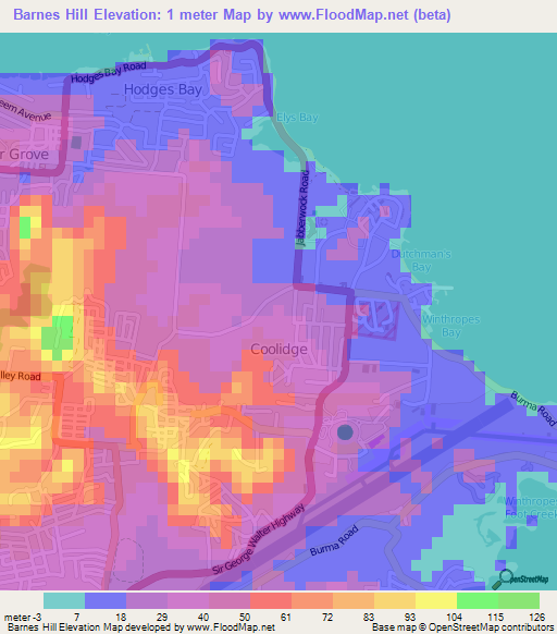 Barnes Hill,Antigua and Barbuda Elevation Map