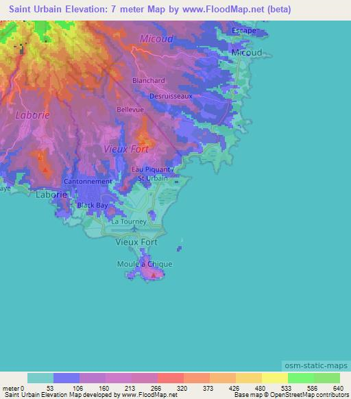 Saint Urbain,Saint Lucia Elevation Map