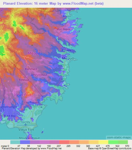 Planard,Saint Lucia Elevation Map