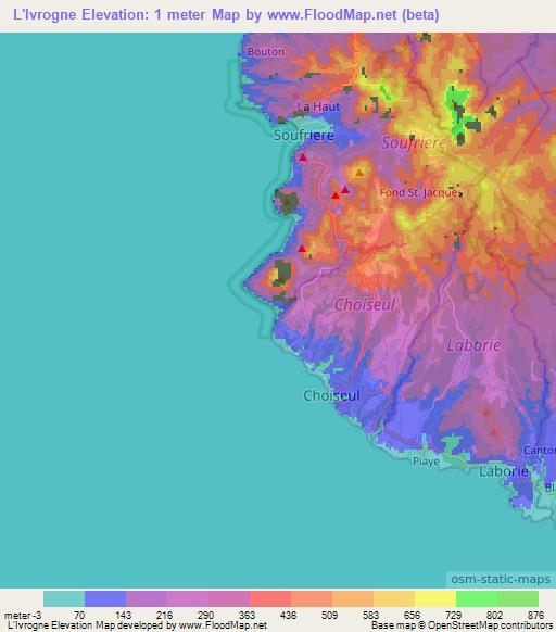 L'Ivrogne,Saint Lucia Elevation Map