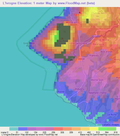 L'Ivrogne,Saint Lucia Elevation Map