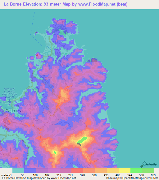 La Borne,Saint Lucia Elevation Map