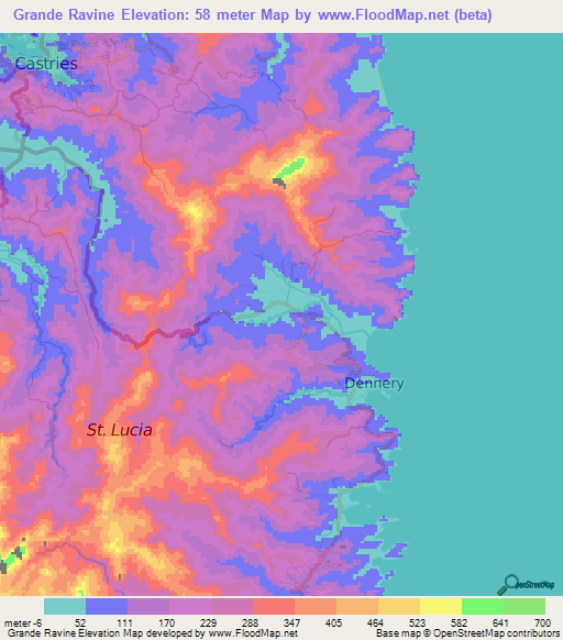 Grande Ravine,Saint Lucia Elevation Map