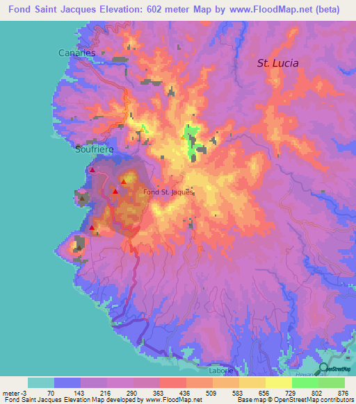 Fond Saint Jacques,Saint Lucia Elevation Map