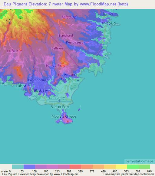 Eau Piquant,Saint Lucia Elevation Map