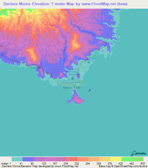 Derriere Morne,Saint Lucia Elevation Map