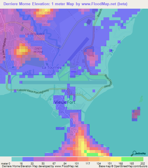 Derriere Morne,Saint Lucia Elevation Map