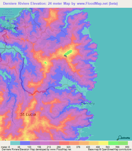 Derniere Riviere,Saint Lucia Elevation Map