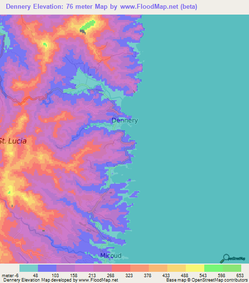 Elevation of Dennery,Saint Lucia Elevation Map, Topography, Contour