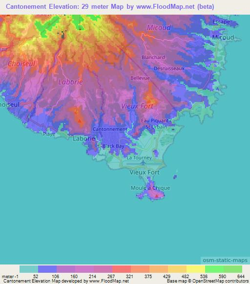 Cantonement,Saint Lucia Elevation Map