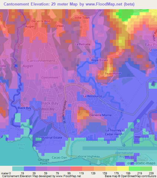 Cantonement,Saint Lucia Elevation Map