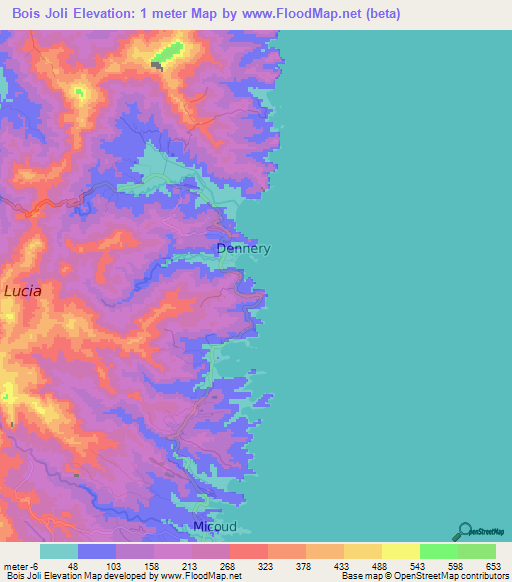 Bois Joli,Saint Lucia Elevation Map