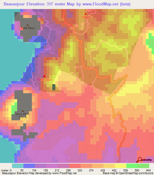 Beausejour,Saint Lucia Elevation Map