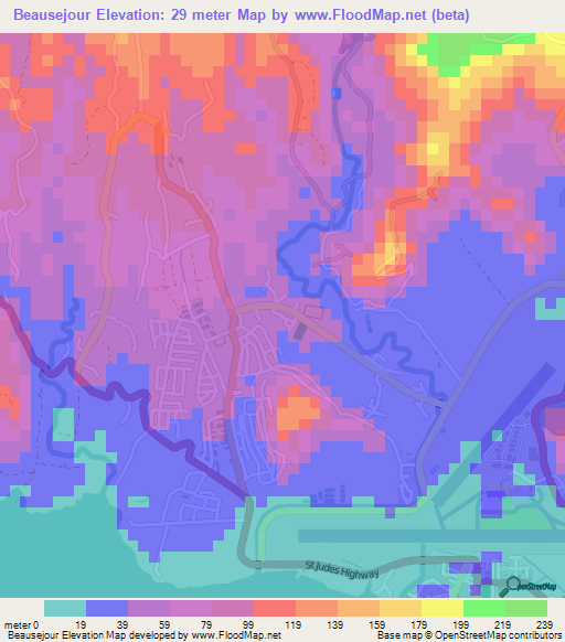 Beausejour,Saint Lucia Elevation Map