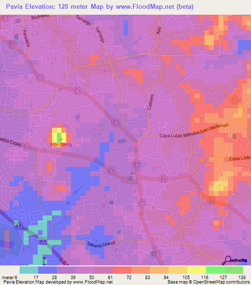 Pavia,Aruba Elevation Map