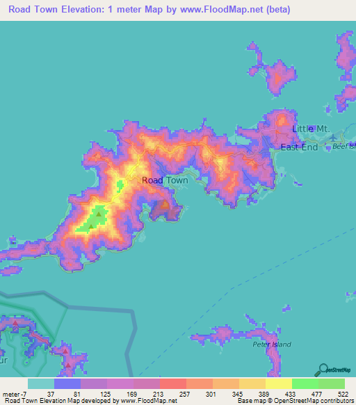 Road Town,British Virgin Islands Elevation Map