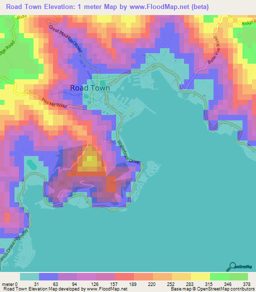 Road Town,British Virgin Islands Elevation Map