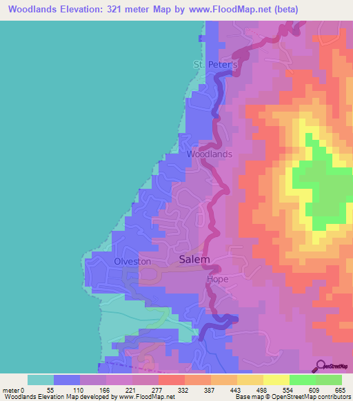 Woodlands,Montserrat Elevation Map