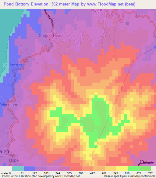 Pond Bottom,Montserrat Elevation Map