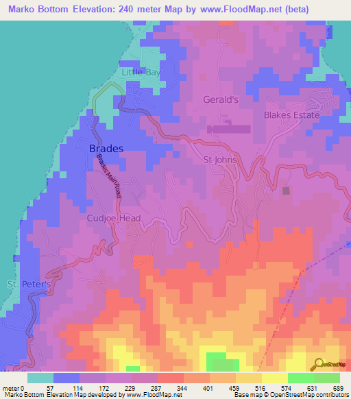 Marko Bottom,Montserrat Elevation Map