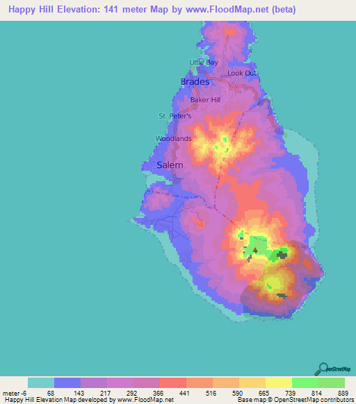 Happy Hill,Montserrat Elevation Map