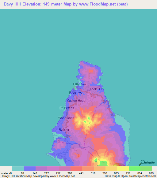 Davy Hill,Montserrat Elevation Map