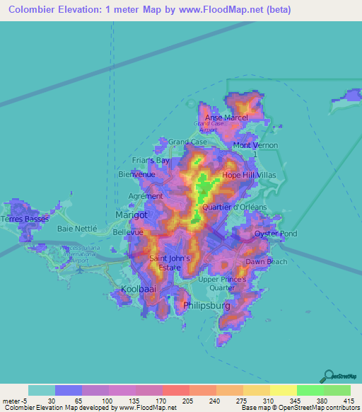 Colombier,Saint Martin Elevation Map