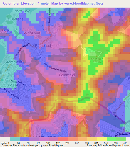 Colombier,Saint Martin Elevation Map