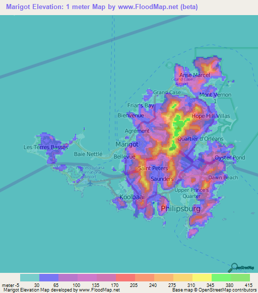 Marigot,Saint Martin Elevation Map