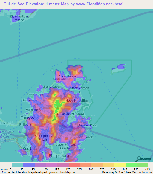 Cul de Sac,Saint Martin Elevation Map