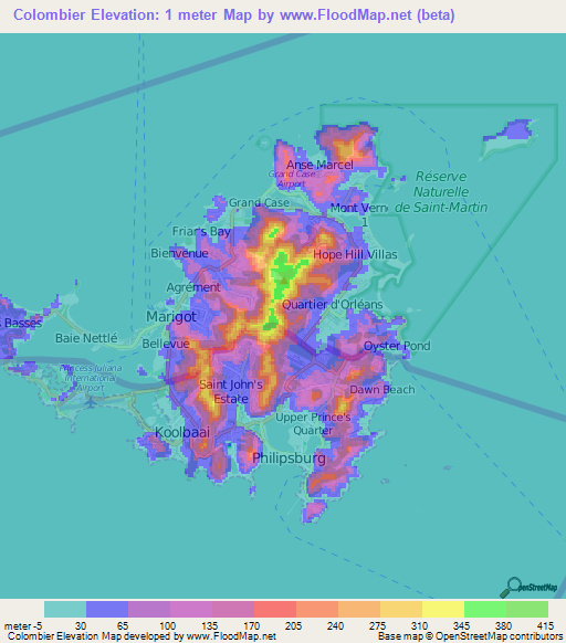 Colombier,Saint Martin Elevation Map