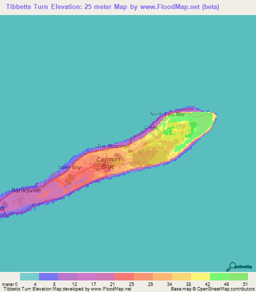 Tibbetts Turn,Cayman Islands Elevation Map