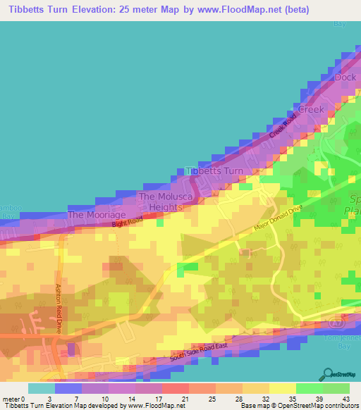 Tibbetts Turn,Cayman Islands Elevation Map