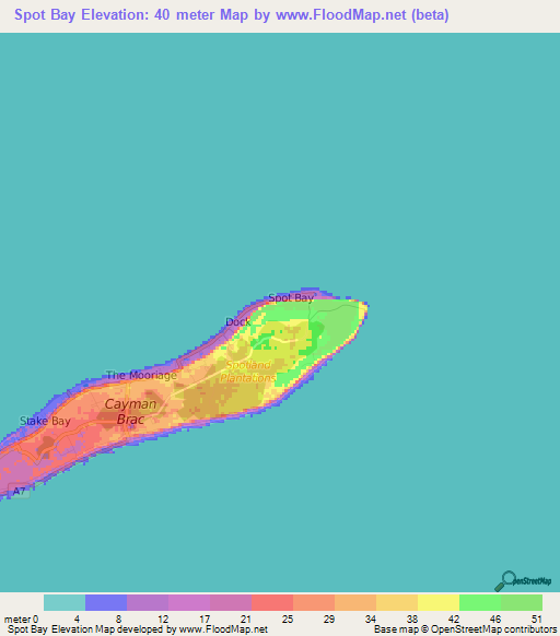 Spot Bay,Cayman Islands Elevation Map