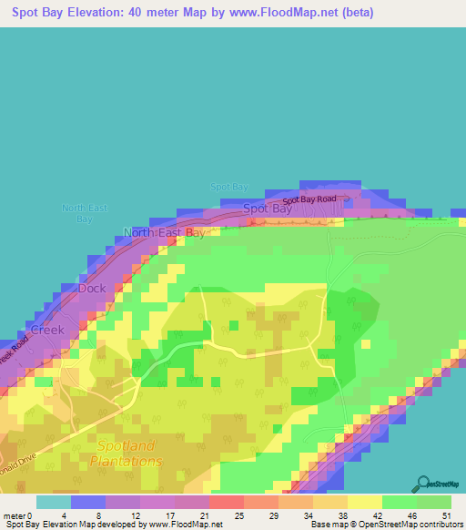 Spot Bay,Cayman Islands Elevation Map