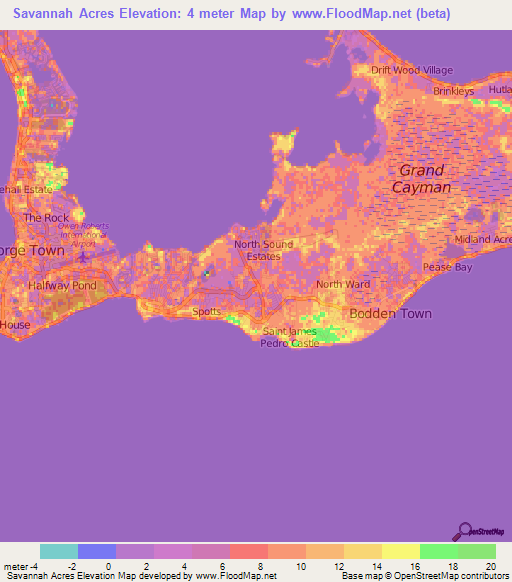 Savannah Acres,Cayman Islands Elevation Map