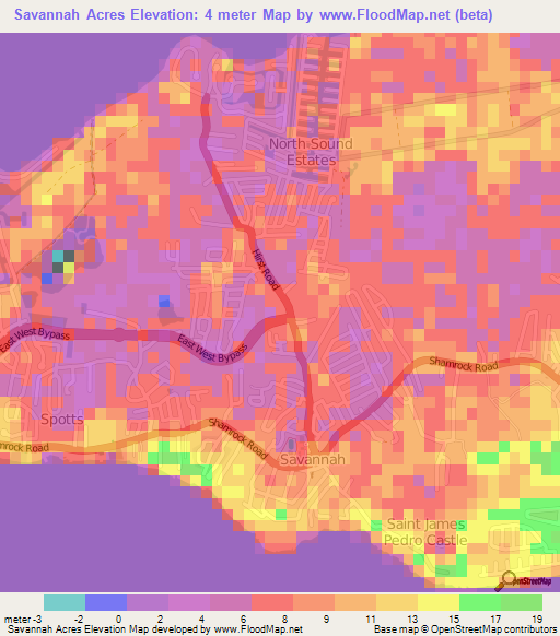 Savannah Acres,Cayman Islands Elevation Map