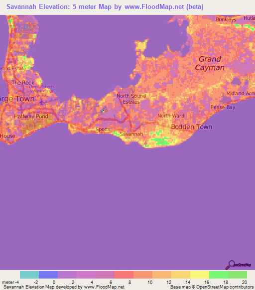 Savannah,Cayman Islands Elevation Map