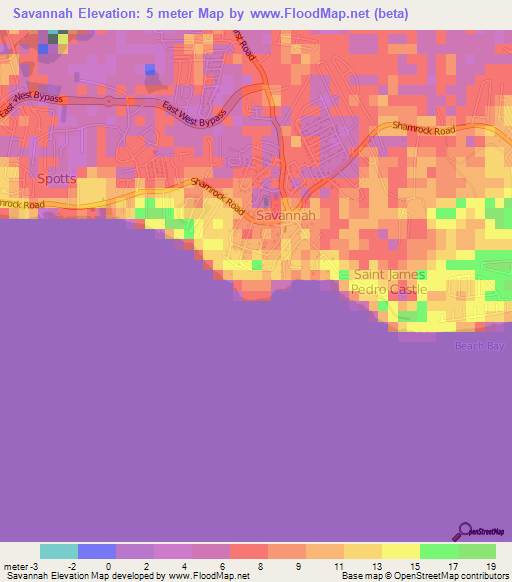 Savannah,Cayman Islands Elevation Map