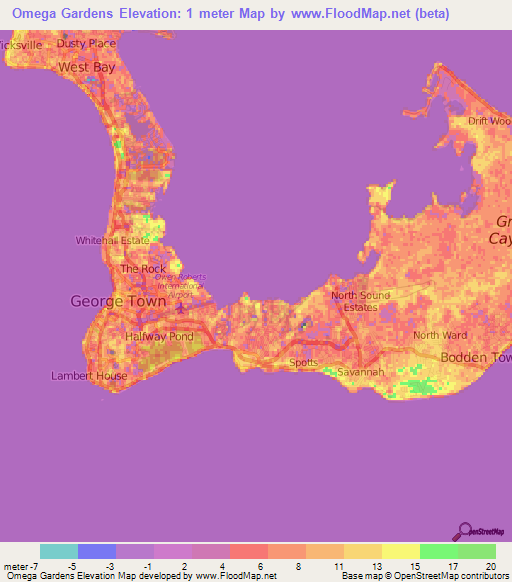 Omega Gardens,Cayman Islands Elevation Map