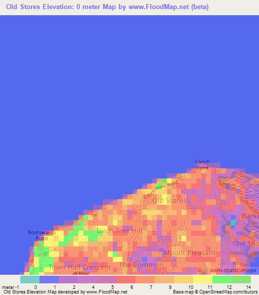 Old Stores,Cayman Islands Elevation Map