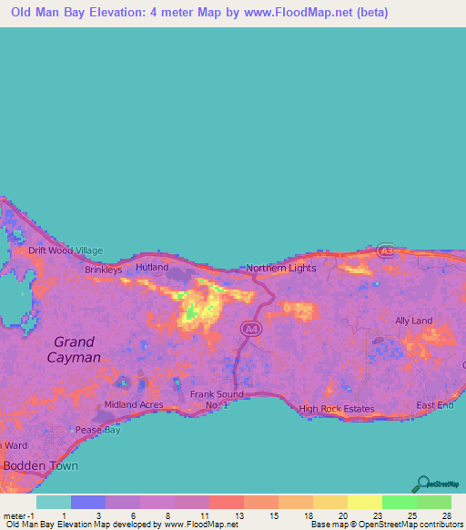 Old Man Bay,Cayman Islands Elevation Map