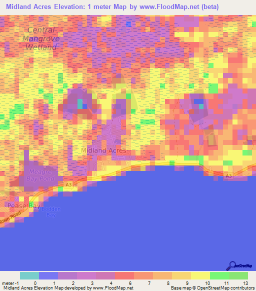 Midland Acres,Cayman Islands Elevation Map