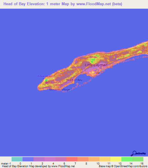 Head of Bay,Cayman Islands Elevation Map