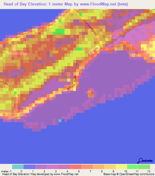 Head of Bay,Cayman Islands Elevation Map