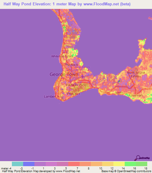 Half Way Pond,Cayman Islands Elevation Map